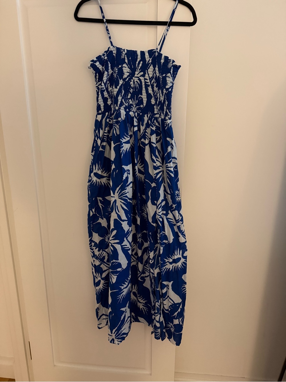 LOFT Blue and White Floral Maxi Dress with Smocked Bodice